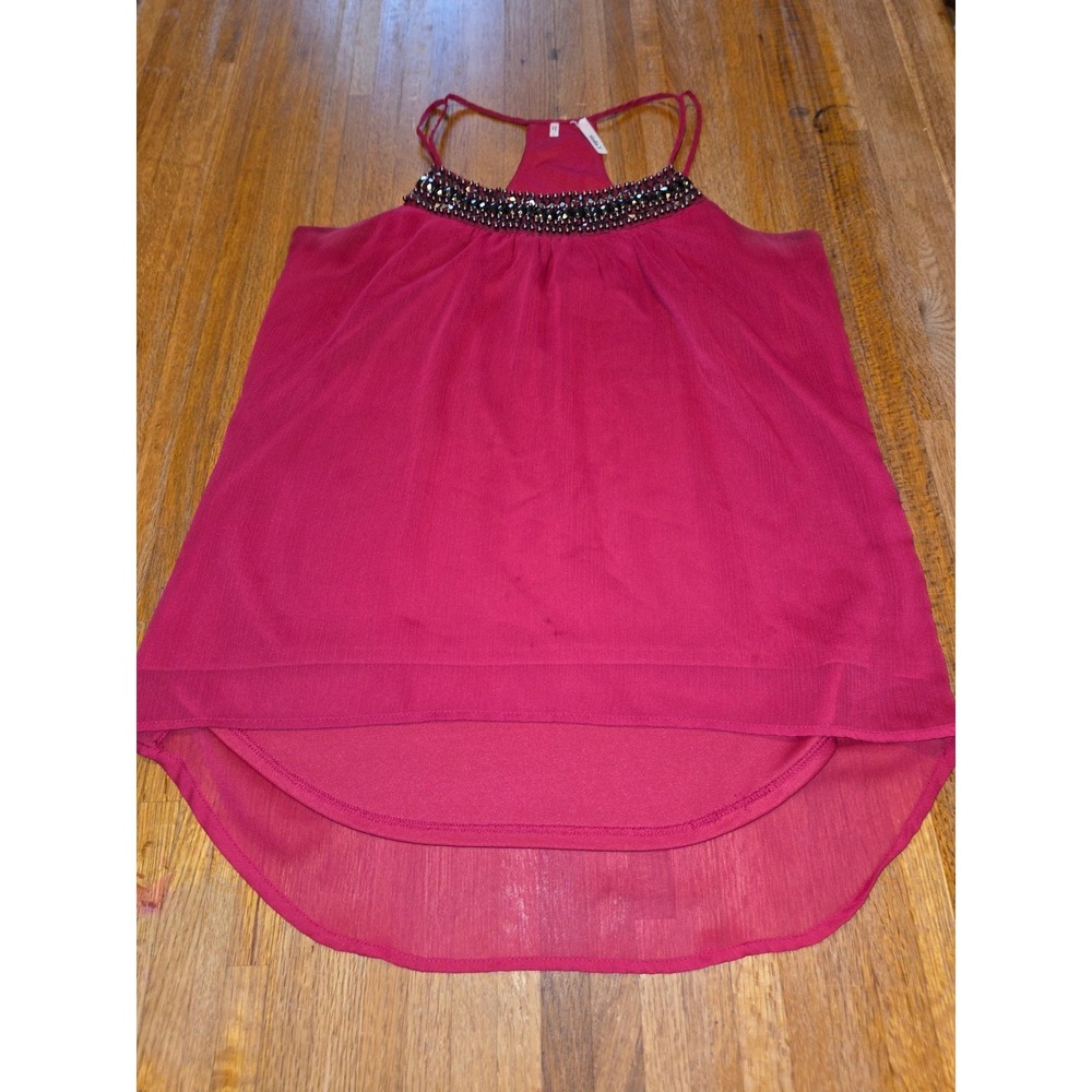 Studio Y Women Large‎ Fuchsia Beaded Embellished Sleeveless Sheer BOHO Tank Top